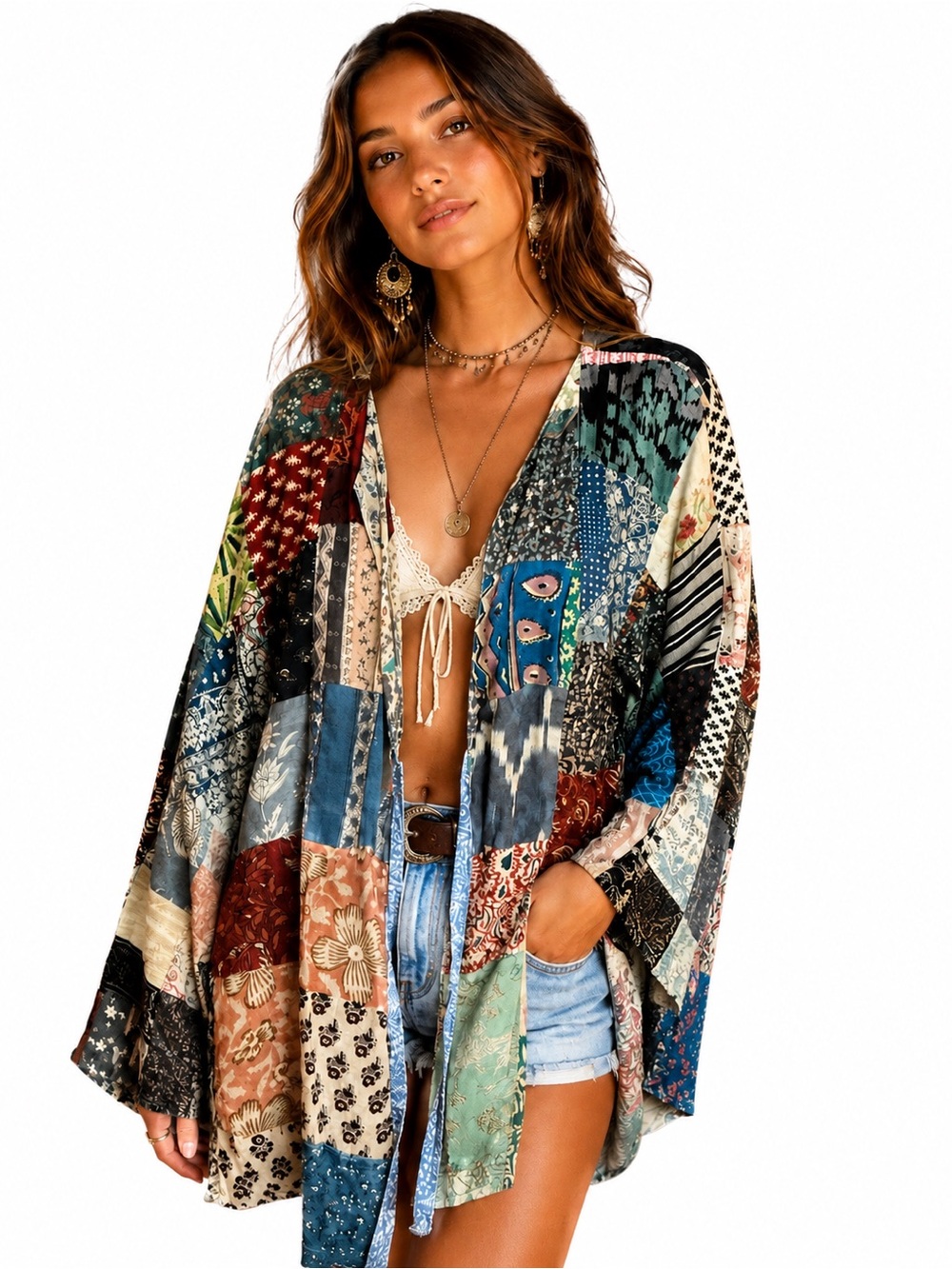 Gypsy Rose Patchwork Kimono Cardigan XL Boho Festival Hippie Open Front Cover Up